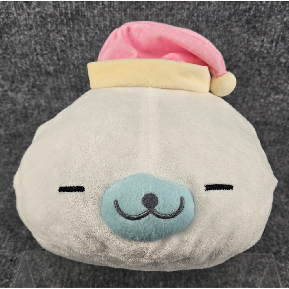 San-X Mamegoma Seal Plush Large White Pink Pajamas Nightcap "Sleepy Time" 16x13"